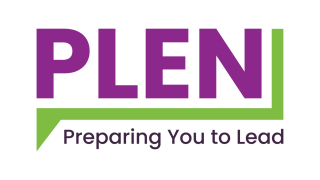 The PLEN logo, which is "PLEN" in large purple letters framed by a green line the descends vertically from the top of the N then underlines the letters in PLEN. Under the green line, text reads "Preparing You to Lead" in black.