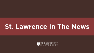 Brown background with a scarlet stripe running horizontally. The words overlay this scarlet stripe saying "Saint Lawrence in the News" and below those words is the orricial Saint Lawrence university logo.