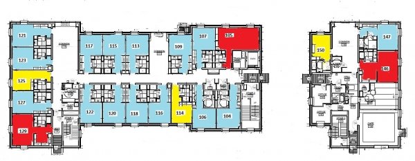 Kirk Douglas first floor plan shows 3 single rooms, 15 double rooms, and 3 triple rooms. Each room has a bathroom. There are two shared laundry rooms, three common spaces, a trash room, a kitchen, and a café on the floor.