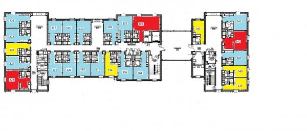 Kirk Douglas third floor plan shows 5 single rooms, 16 double rooms, and 3 triple rooms. Each room has a bathroom. There are 3 common rooms, two shared laundry rooms, and a trash room on the floor. 