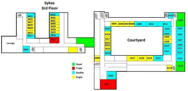 Sykes third floor plan shows 28 single rooms, 24 double rooms, three quad rooms, one lounge, and a courtyard. 