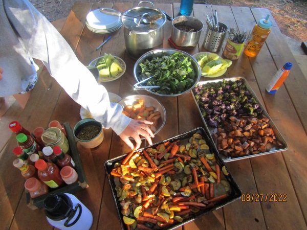 Roasted CSA vegetables set on our outdoor eating space