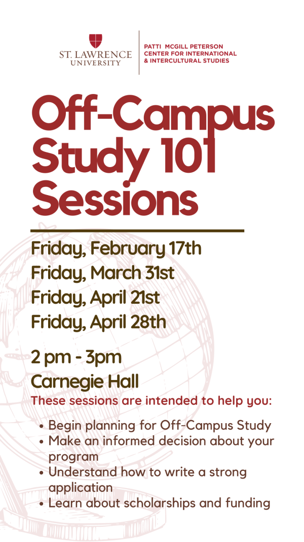 Poster listing the dates of the Off-Campus Study 101 Meetings.