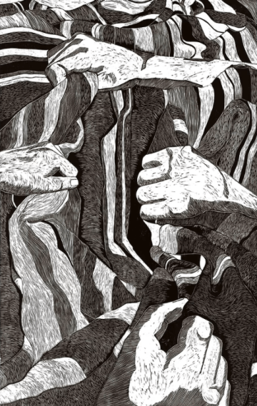 woodcut print of hands
