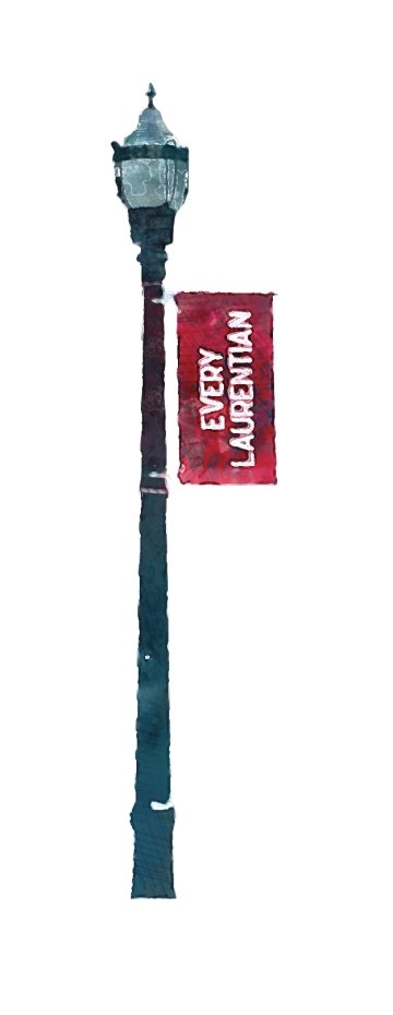 A watercolor illustration of a street lamp with a sign hanging off that reads Every Laurentian.