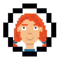 A pixelated graphic of a student with red hair and a smile.