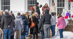 Emma Gatcliffe '27 being ceremoniously "sent off" to the 2026 Milan Cortina Winter Olympics by St. Lawrence faculty, staff, teammates, and friends
