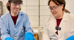 Assistant Professor of Chemistry Patrick Lutz and Lauren Jesmaine '26 conducting an experiment that submerges sprinkles in liquid nitrogen