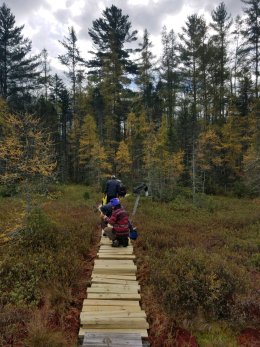 Bri and Robertson lay down and hammer in new boards for the fresh boardwalk.