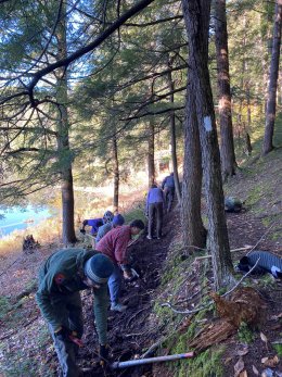 John, Cara, Ryann, Kai, and Roisin use saws, hoes, shovels, and Arcadian spirit to widen the white trail along Massawepie Lake.