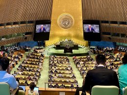 A general view of the United Nations General Assembly Hall where the UN Secretary General is addressing the assembly