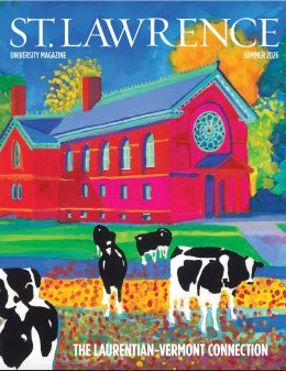 Saint Lawrence University Magazine Summer 2026 The Laurentian-Vermont Connection. Herring Cole painted vibrantly with cows in the front.