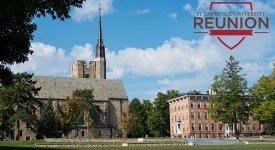 Gunnison Memorial Chapel and Richardson Hall on a partly cloudy day viewed from the bottom of the Brush Quad. Reunion Logo in the upper right corner.