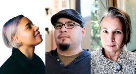 A collage of Lillian Yvonne Bertram, Santee Frazier, and Kirsten Kaschock.