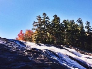 Cascading waterfalls on a bright fall day. Two students sit at the top of the falls. There are pine trees and fall foliage along the falls.