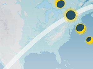 A blue map of the United States featuring a large line from Mexico to New Brunswick, Canada, showcasing the total solar eclipse path of totality. A graphic of the moon phases over yellow suns lines the upper right corner.