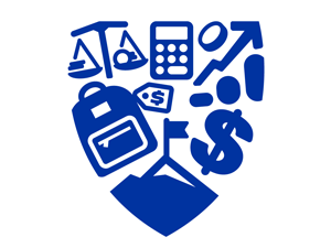 Blue shield-shaped icon featuring a backpack, calculator, scales of justice, dollar sign, price tag, graph, and mountain with a flag.