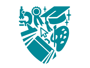 Teal shield-shaped icon featuring a microscope, ribbon, graduation cap, paint palette, book, cursor, and sparkles.