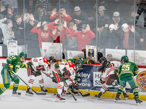 Saint Lawrence University hockey players compete against Clarkson University as fans cheer from behind the glass.