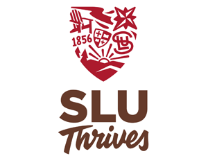 Saint Lawrence University “SLU Thrives” logo with a red shield showing an Adirondack chair, star, maple leaf, sunrise, cross with scales, hills, and the year 1856, in brown text