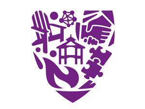 Purple shield-shaped icon featuring a gazebo, puzzle pieces, utensils, flame, books, molecule, and hand.