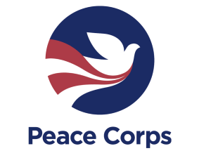 peace corps logo featuring a white dove with red and white stripes.