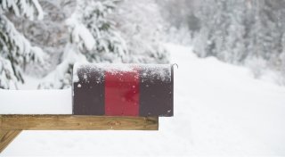 A scarlet and brown mailbox sits on a wooden post on the edge of a snowy road lined with evergreen trees.