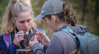 Two Saint Lawrence University students closely examine a natural specimen outdoors, using a magnifier and field notebook.