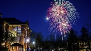 Sullivan Student Center at night with fireworks