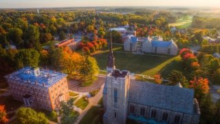 A aerial shot of the Saint Lawrence University quad, featuring the Chapel and other academic and residential buildings.