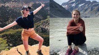 On the left, a student stands with their arms open on an outcrop of rocks overlooking a valley below. Right, a student sits on a rock in front of a large lake and mountain scene.