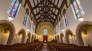 Inside Gunnison Memorial Chapel looking towards the alter