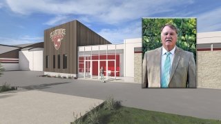 George Karpus ’68 headshot over an image of Appleton Arena Phase II