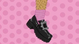 Raven Larcom's ad design features a hairy leg against a pink background with a heavy-heeled shoe and a tagline: "Unique soles for unique souls."