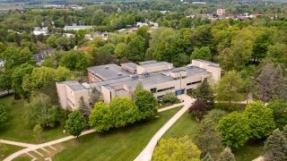 An aerial view of Owen D. Young Library.