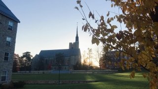 The sun sets behind the Chapel on the Saint Lawrence University campus. 