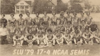 Black and white team photo with text &quot;SLU '79 17-4 NCAA Semis&quot;