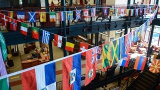 International flags drape throughout the student center.