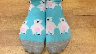 Saint Lawrence student shows off light blue and grey socks with white polar bears on them.