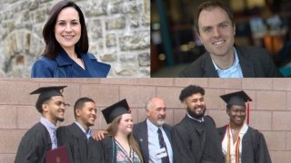 Ronnie Olesker, Jeff Maynes, Bill Short, and four members of the Saint Lawrence University graduating class of 2020.