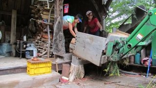 Roisin and John stacking wood. Teamwork makes the dream work!