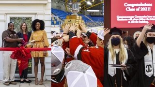 A collage of three images: the first features a ribbon-cutting ceremony, the second features a team hoisting a trophy, and the third includes two happy masked graduates.