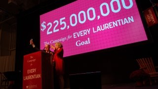 Trustees Michael W. Ranger and Sarah E. Johnson toast The Campaign for Every Laurentian goal.