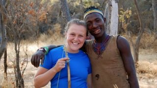 Claire Silberg in Kenya with her Hadzabe guide and language instructor.