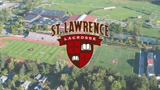 Saints Lacrosse Logo over arial of Saints Athletics Facilities.