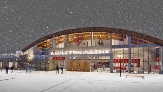 A proposed change to the exterior of Appleton Arena. There is snow falling in the digital image.