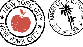 An illustration of New York City and Los Angeles stamps.