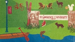 watercolor graphic of campus scene with animals and canoe