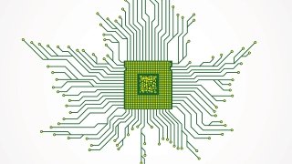 An illustration of a microchip looking device with several lines of pathways extending out of it that form the shape of a leaf.