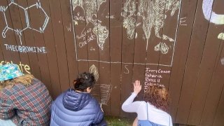 Three Saint Lawrence University students use chalk to draw a map of the world on a brown fence.